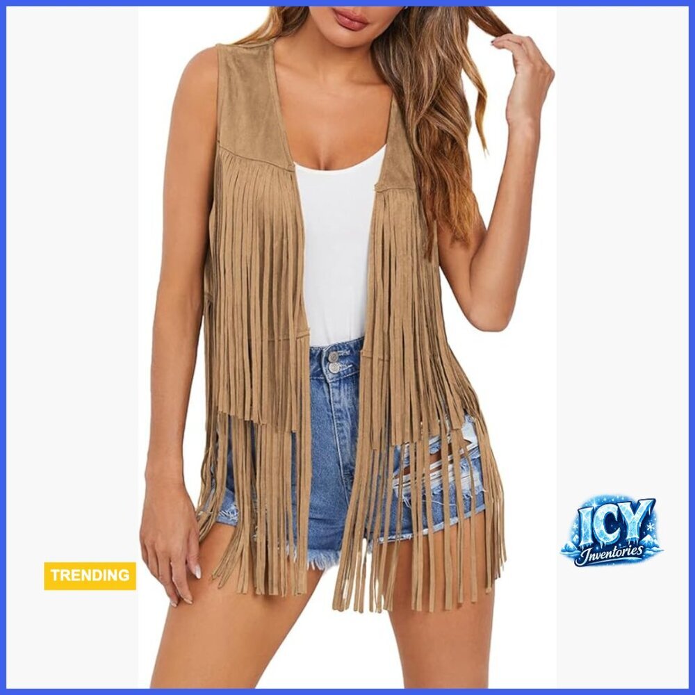 Faux Suede Fringe Vest Western Cowgirl Outerwear Sleeveless